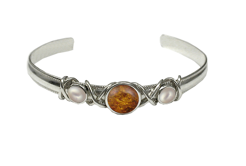 Sterling Silver Hand Made Cuff Bracelet With Amber And Cultured Freshwater Pearl